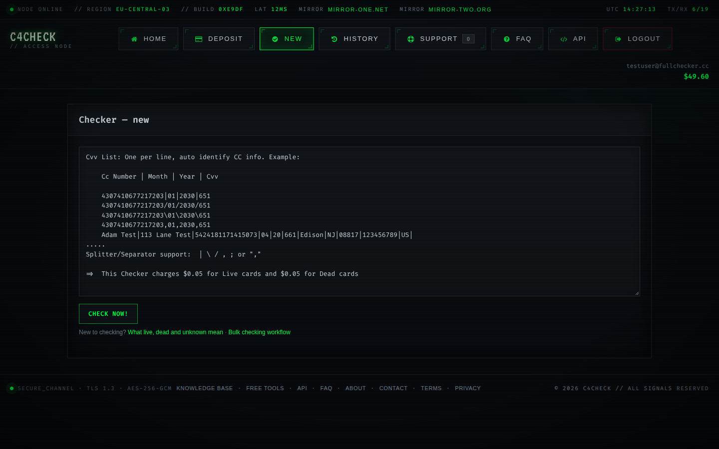 C4CHECK web checker ready with an empty input list