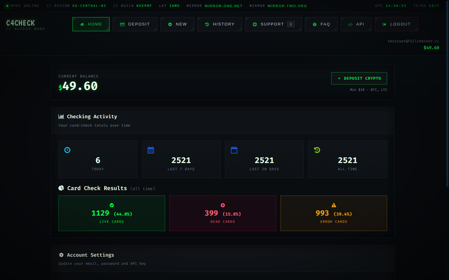 Dashboard where the API key and check activity are managed
