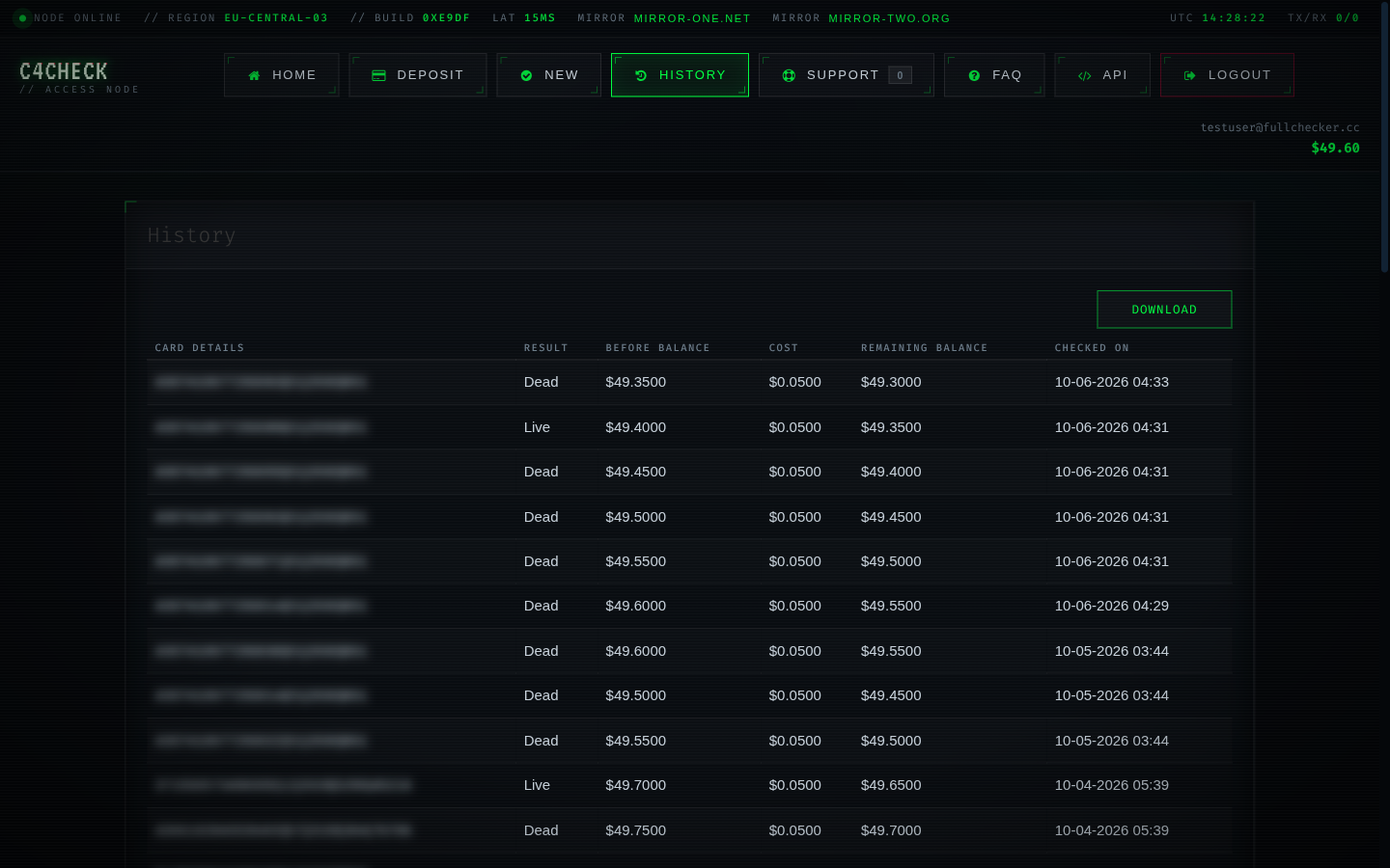 Check history table with card data masked and per-check cost columns