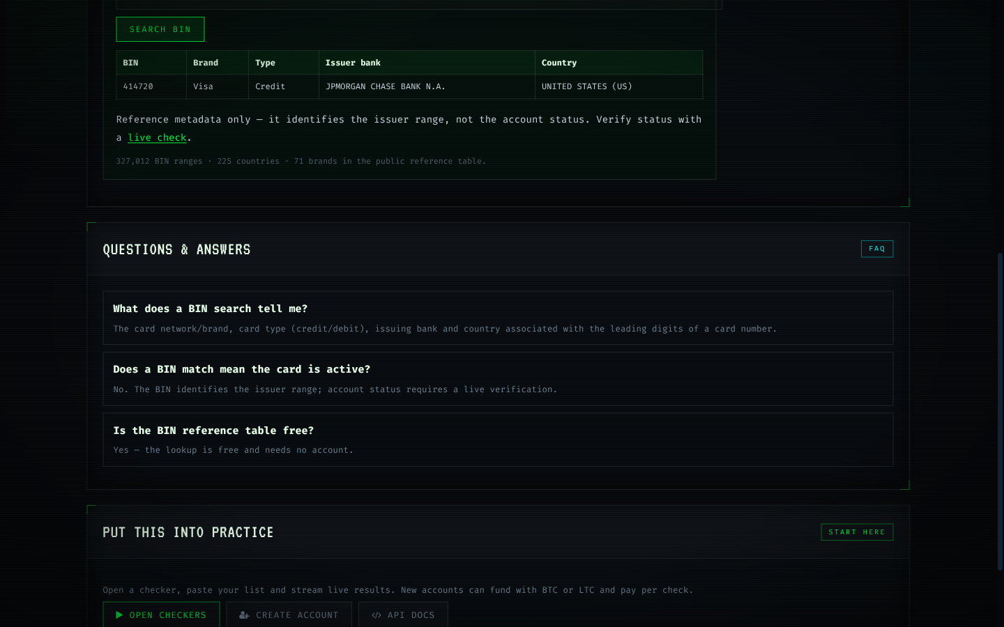 The BIN Search — Bank Identification Number Lookup tool running on C4CHECK with sample input