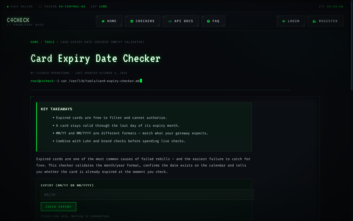 The Card Expiry Date Checker (MM/YY Validator) tool running on C4CHECK with sample input