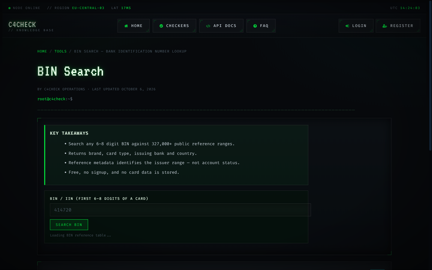 The Credit Card Number Generator (Luhn-Valid Test Numbers) tool running on C4CHECK with sample input