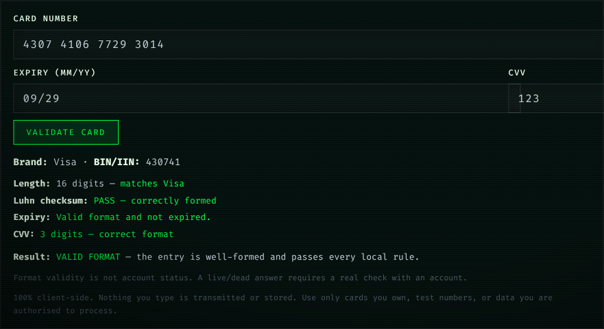 CC Checker tool on C4CHECK validating a Visa test number with brand, Luhn checksum, expiry and CVV results
