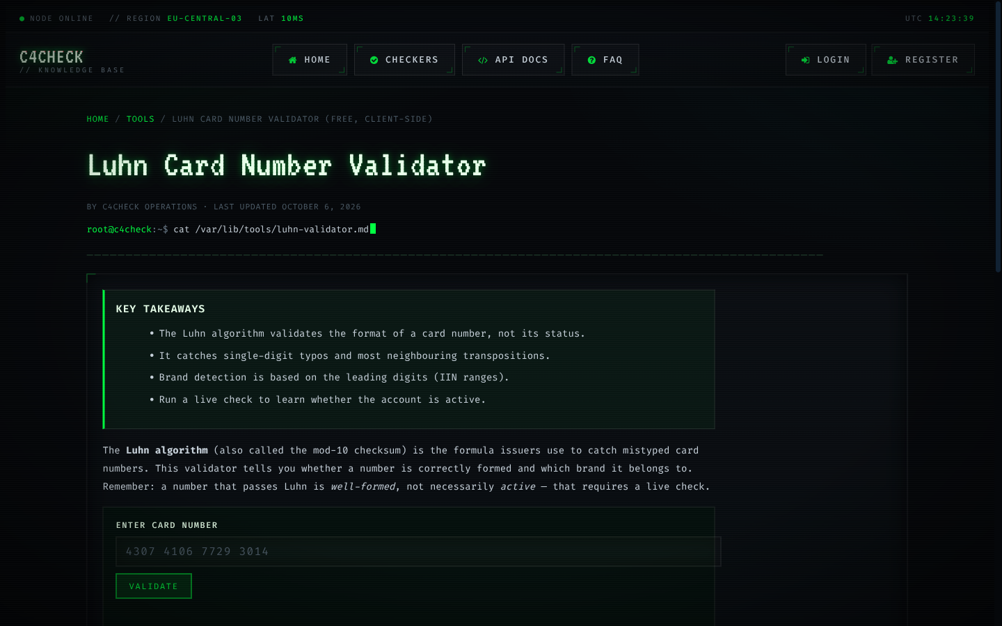 The Luhn Card Number Validator (Free, Client-Side) tool running on C4CHECK with sample input