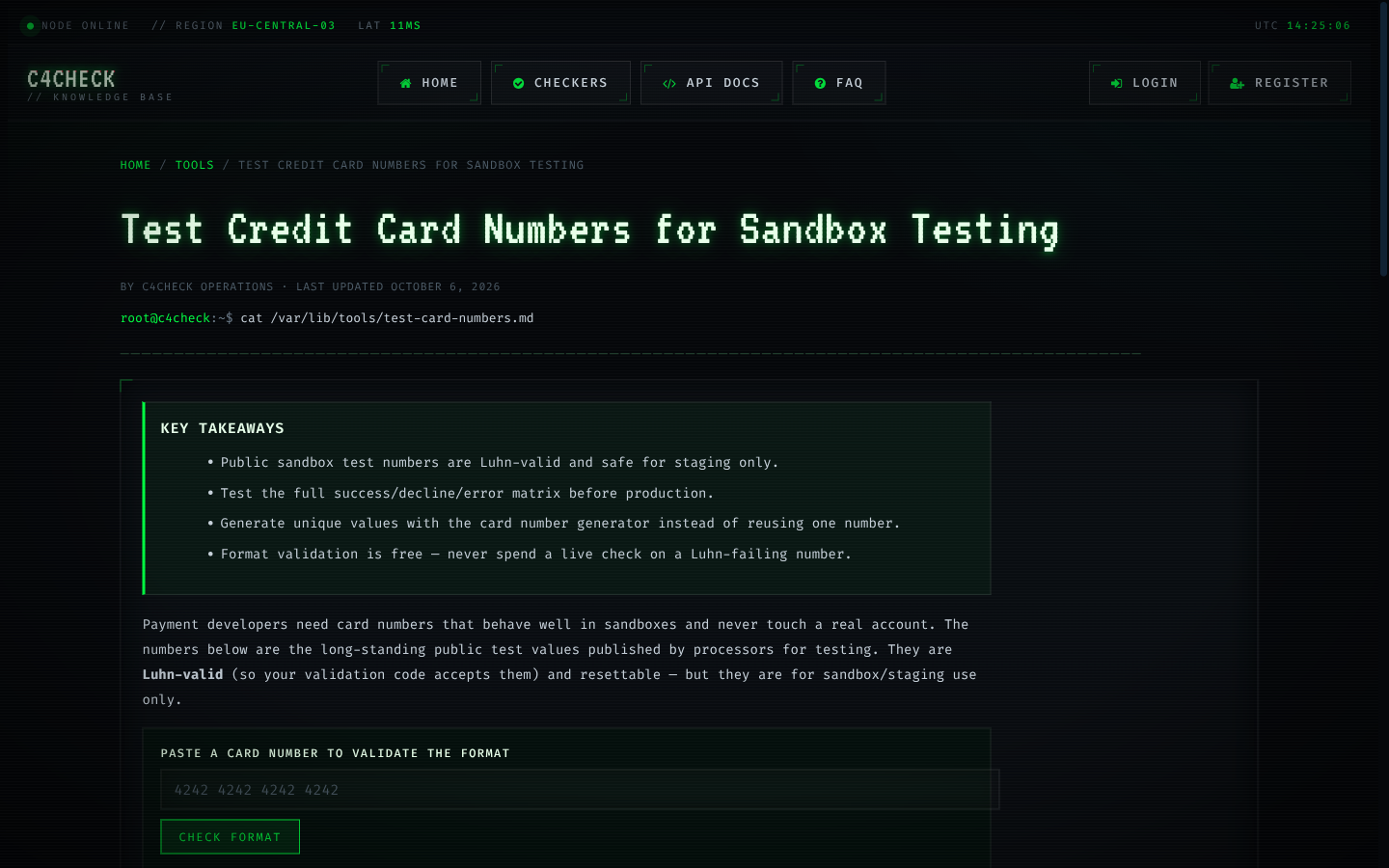 The Test Credit Card Numbers for Sandbox Testing tool running on C4CHECK with sample input